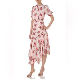 AMUR Bettina Asymmetrical Floral Print Ruched Puff Sleeves Pink Dress Size 6